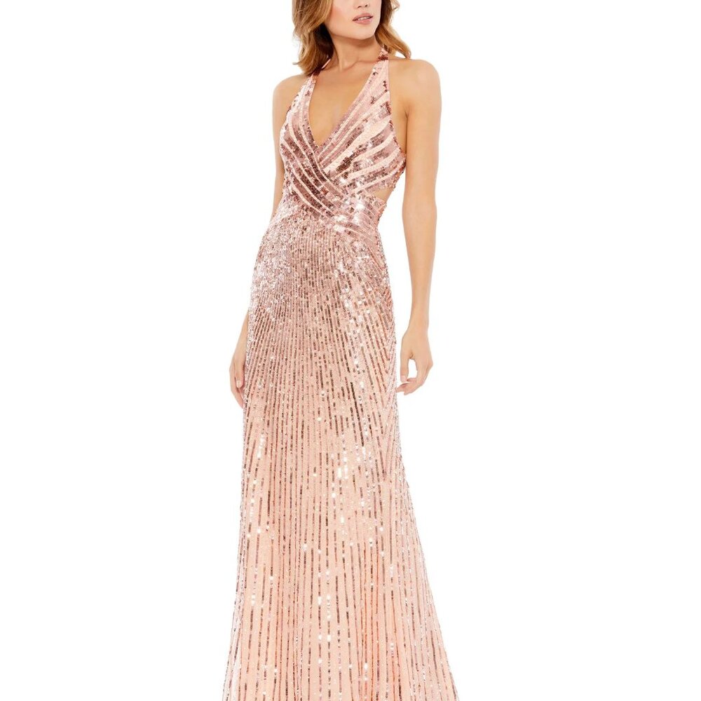 MAC DUGGAL SLEEVELESS FAUX WRAP SEQUIN EMBELLISHED CUT OUT BACK- [Size 0]- NWT